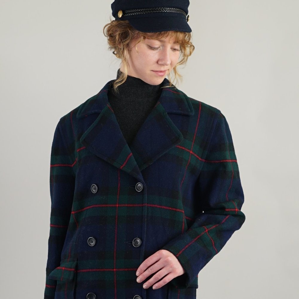 60s Style Pendleton Navy Plaid Pea Coat